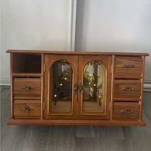 Wood Jewelry / Storage Cabinet with Stained Glass Doors - Brown
